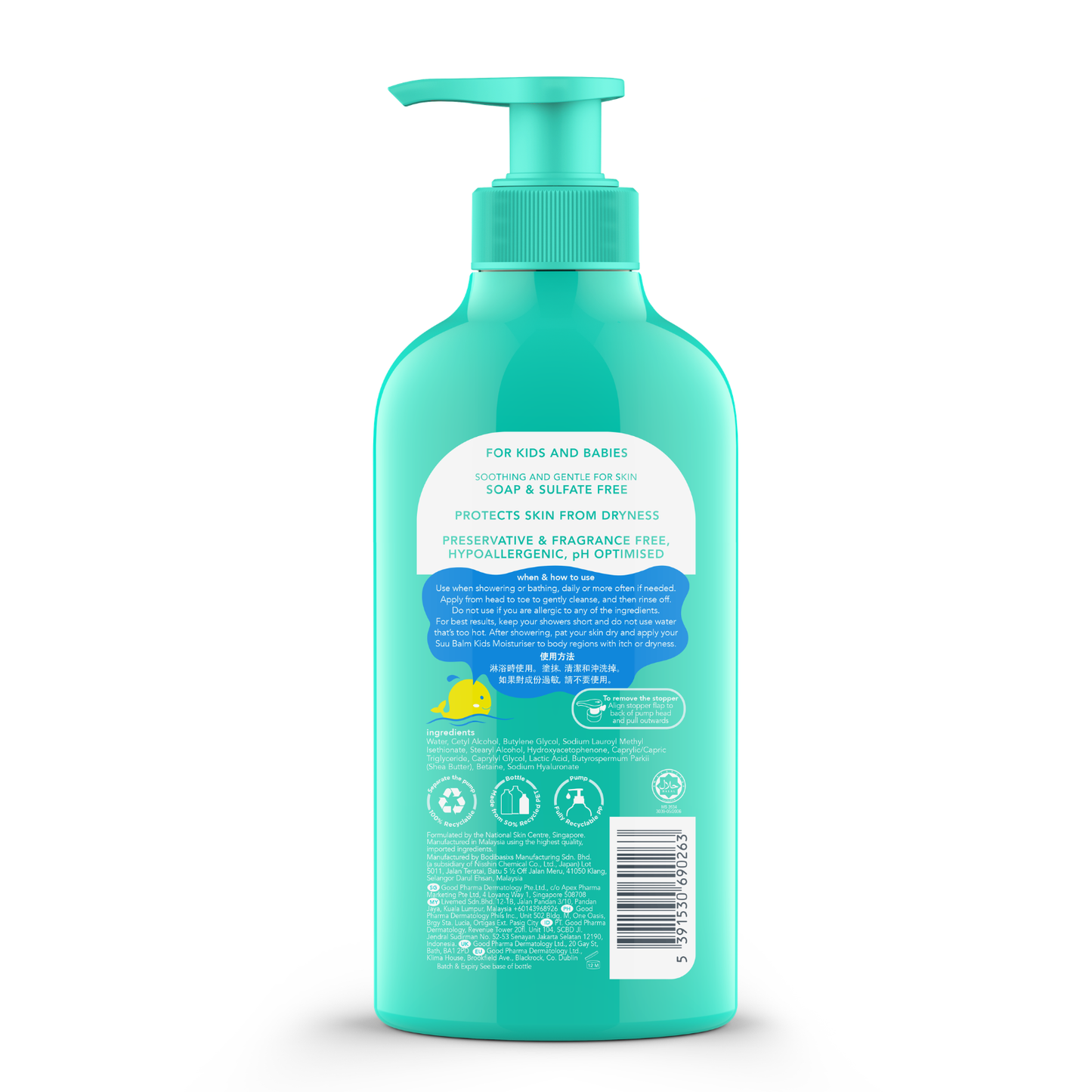 Teal bottle with pump on a white background