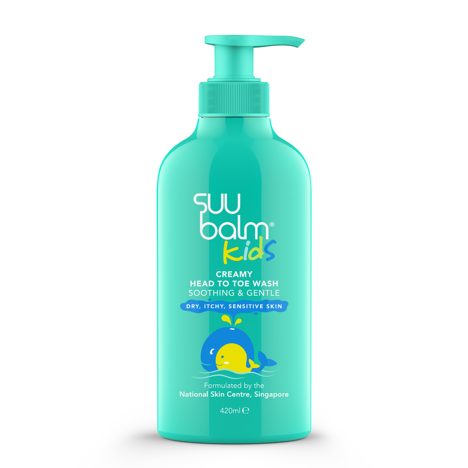 Teal bottle of suu balm Kids Creamy Head to Toe Wash on a white background